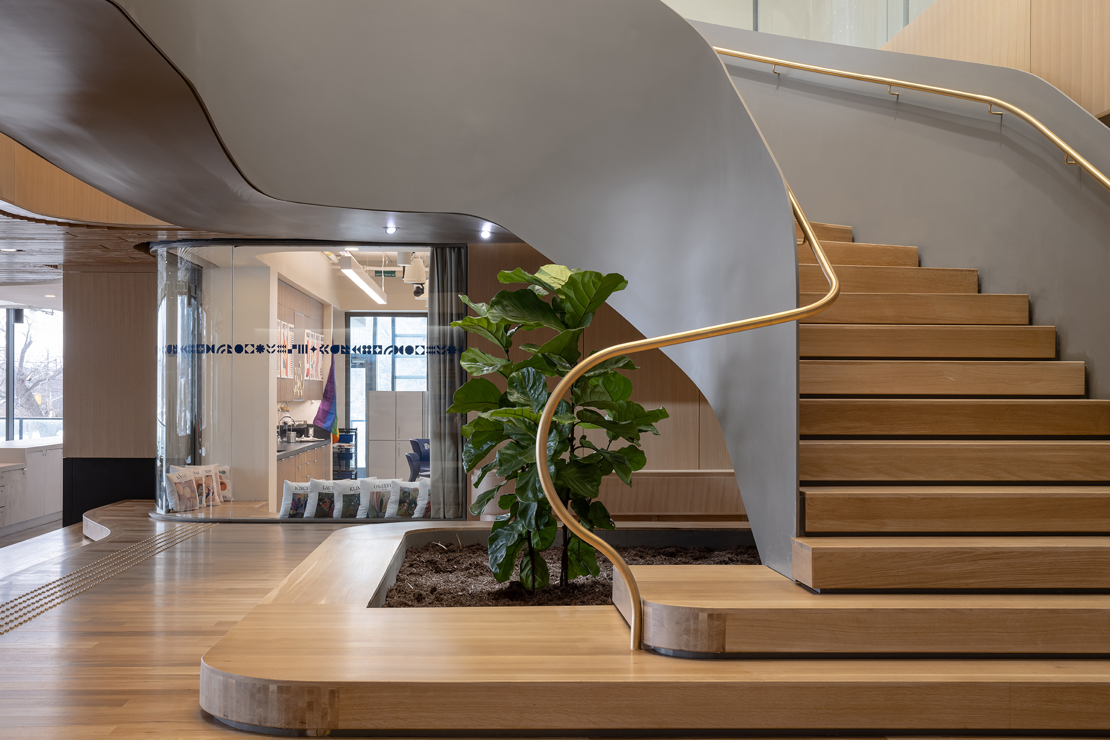 photo of feature staircase and view into art classroom