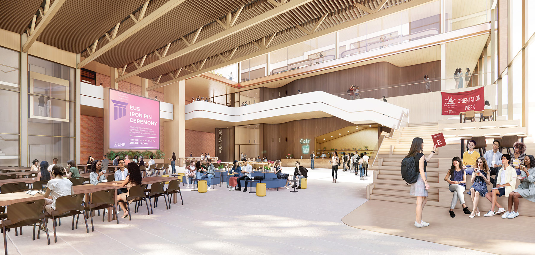 Concept rendering of a large open atrium in a university building