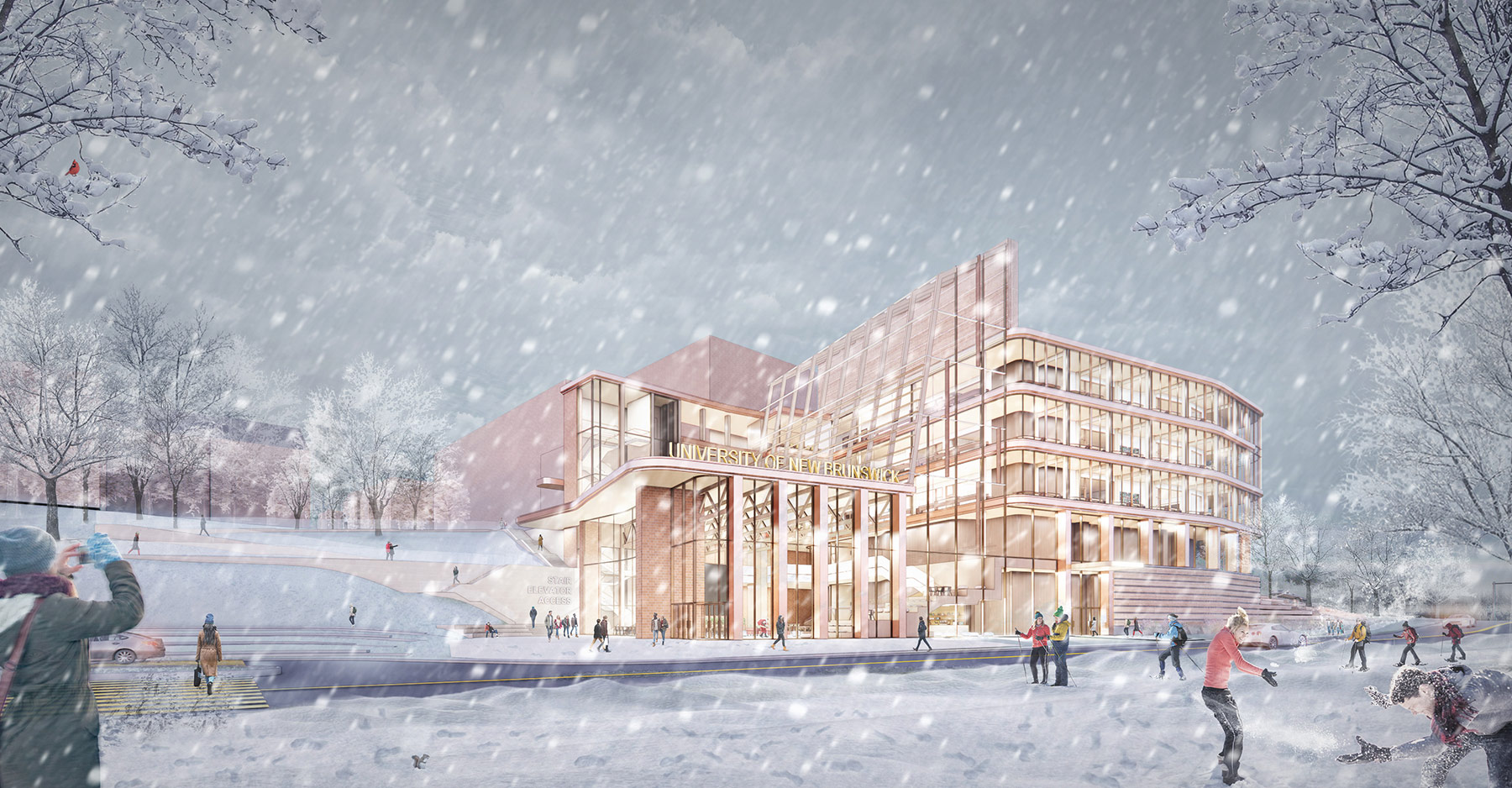 concept rendering of a new building in the winter snowfall